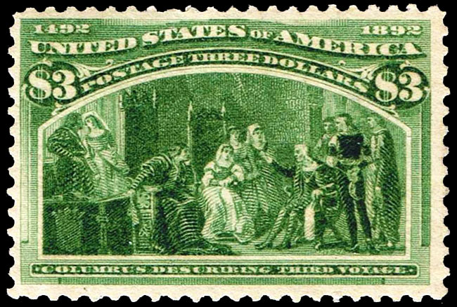 On the 400th anniversary of the landing of Columbus in the New World, the US Post Office issued a set of 16 commemorative stamps collectively called “the Columbians.” Each stamp in the series depicted a moment in the life of Christopher Columbus, and the engraving and design work were outstanding throughout. This is the $3 denomination from that series, and, as you might expect, is a rare and valuable stamp. 
